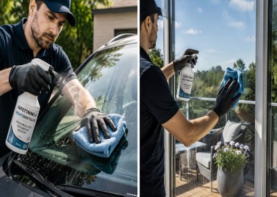 Person rengör bilruta och altanglas med avfettning och insektsborttagare, med sprayflaska och mikrofiberduk i dagsljus.